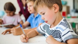 Home 26 A young boy is learning to write his name while sitting at a desk at preschool.